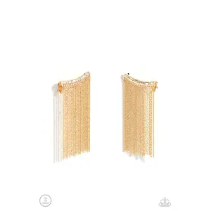 Feuding Fringe - Gold Chain Fringe White Rhinestone Crawler Earrings - Paparazzi