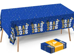 Graduation Tablecloths (4-Pack) - 54x108" Class of 2026 Commencement Party Disposable Plastic Table Covers for 8-Ft Tables | Essentials Graduation Party Decorations & Supplies with GRAD 2026 Blue