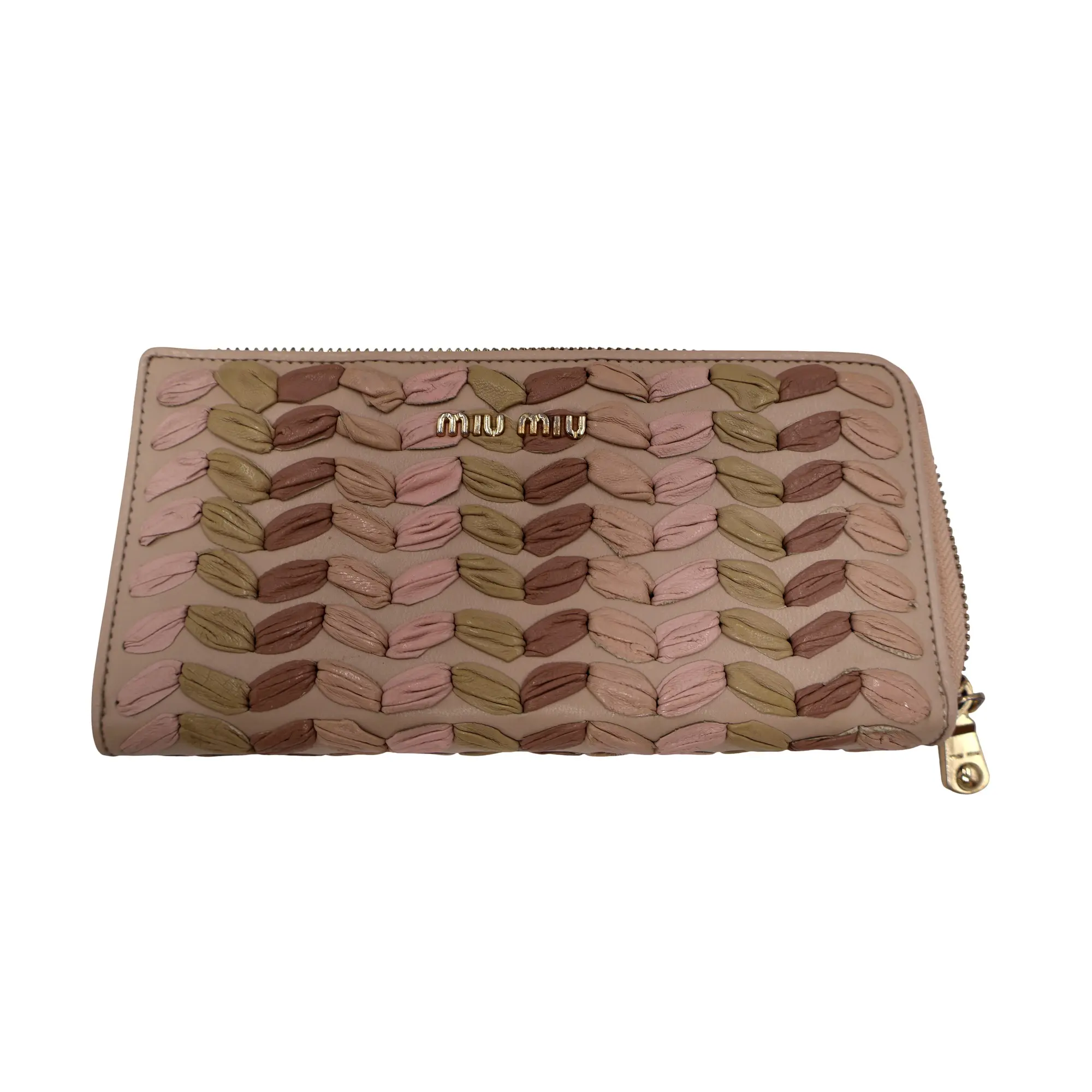 Pre-owned miu miu leather Small leather goods Multicolor Woven Zip Around Wallet (LH0139)