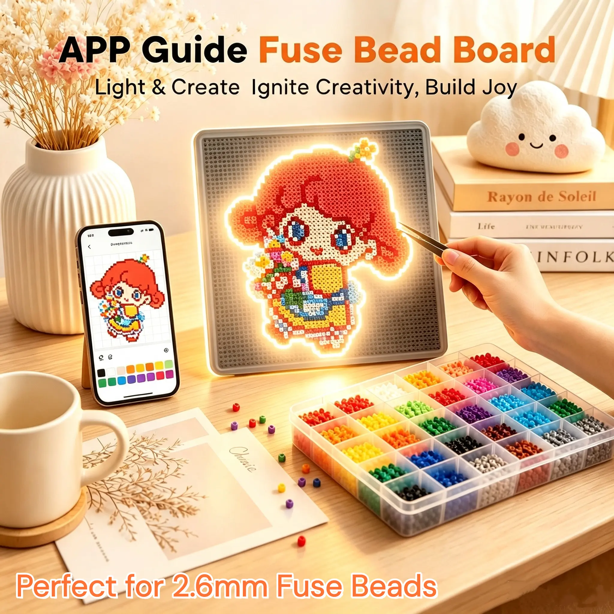 GCTECHING Unisex Plastic App Guided Fuse Bead Pegboard - USB-Lit Smart LED Creative Craft Kit, Crafting Kit with 2mm Peg Surface, App Guided LED Light for Smoother Creative Flow, Indoor DIY Birthday Gift