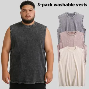 Men's 3-Pack Plus Size Gym Vests, Retro Thickened Cotton Sports Acid Washed Loose Fit Vests, Suitable for All Seasons Casual Wear