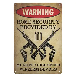 Vintage Aged Rustic Casual Adult Aluminum Metal Gun Sign, 8x12in Home Aesthetic Security Warning Plaque, High-Speed Wireless Device Protection Decor, Cross Rifle Pistol Bullet Wall Hanging for Gun Owners