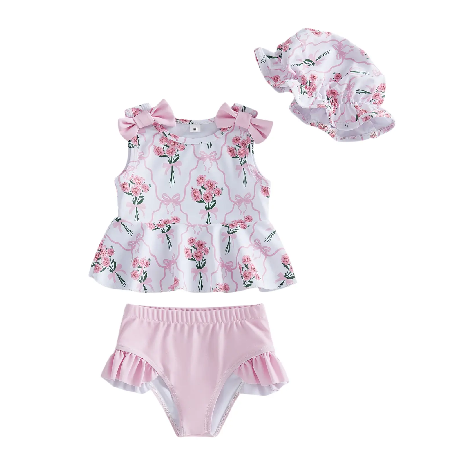 Toddler Baby Girls Swimsuit with Hat Sleeveless Crew Neck Floral Print Bow Decor Tops Bikini Bottoms Sets Summer Beach 3 Piece Swimwear Bathing Suit