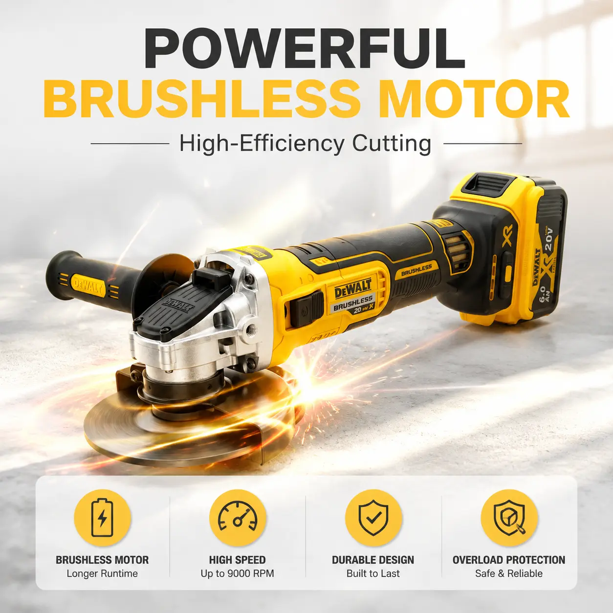 Dewalt DCG405NT Cordless Brushless Angle Grinder - 125mm, 9000 RPM Brushless Motor, for Heavy-Duty Cutting, Grinding, Sanding