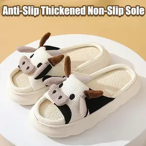 Cute Cartoon Cow Cotton Slippers for Women & Men | Soft Cotton Linen Cloud Slides | Non-Slip Thick Sole Indoor Outdoor House Slippers, Cute Cartoon Animal House Shoes, Comfortable Cotton Linen Bedroom Cloud Slides