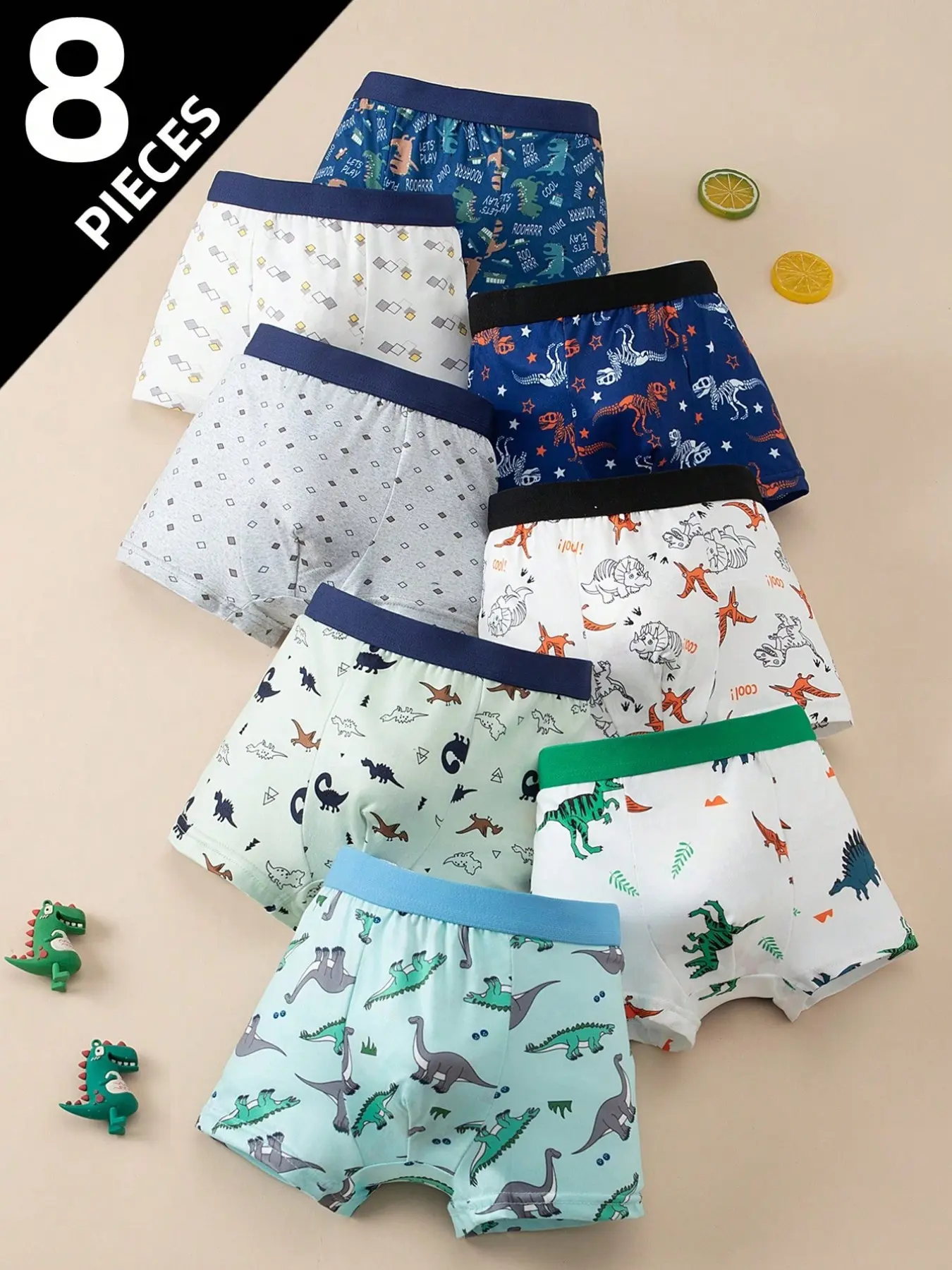 8-Pack Kids Comfortable Underwear Shorts Sets, Various Dinosaur Prints, Soft and Stretchy, Perfect Fit for Daily Wear, Ideal for All Seasons, Printed Underwear