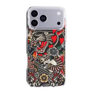 Old School Tattoo Panther Clear Phone Case, Shockproof Anti-Scratch Protective Cover for iPhone 13 14 15 16 17 Pro Max, Trendy Edgy Streetwear Durable Shell