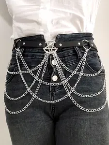 Women's Sexy Leather Corset Chain Waist Belt, Pentagram Gothic Accessories, Festival Party, Stylish Punk Style