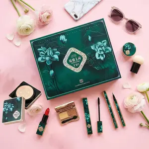 7-piece set, Makeup Set Kit, of colored glass, jade, lotus, flower, beauty gift box, makeup, including air cushion BB cream, makeup setting powder, lipstick, eye black, eyeliner liquid pen, eye shadow, powder puff