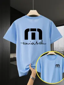 Men's Fashion Letter Print Casual Comfortable Round Neck Short Sleeve Fitted T-Shirt, Trendy Geometric Pattern Men's Leisure Tee, Graphic