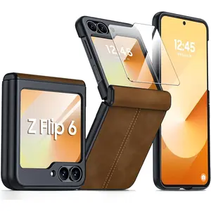 F-PCS47 for Samsung Galaxy Z Flip 6 Case/Z Flip 7 FE Case with Hinge Protection & Built-in Screen Protector, Ultra Thin Leather Shockproof Cover Phone Case for Galaxy Z Flip 6/Z Flip 7 FE-Brown Protective Wireless