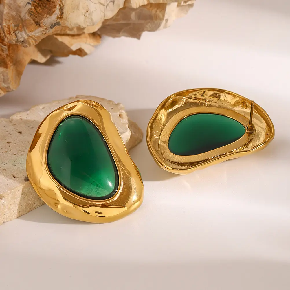 Vintage Molten Gold Emerald Stud Earrings | Chunky Metal Statement Earrings for Women | Old Money Aesthetic Luxury Jewelry