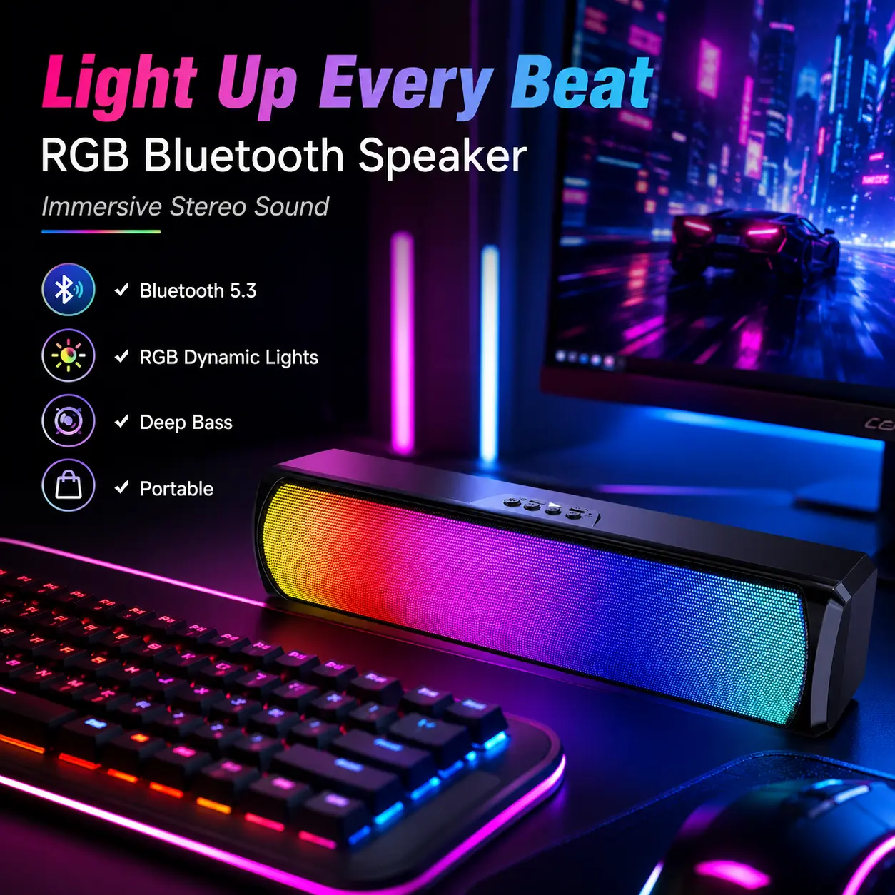Bluetooth 5.3 Wireless Speaker System Surround Stereo Sound Deep Bass Dynamic Color-Changing LED Lights TF Card Playback Type-C Charging Slim Portable for PC TV Laptop Home Audio