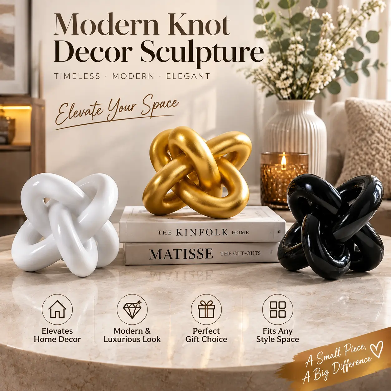 1-Count Resin Knot Chain Link Abstract Sculpture - Small Resin Figure, Boho Farmhouse Rustic Modern Tabletop Decorative Piece, Home Decor Items for Living Room Bookshelf Ornament