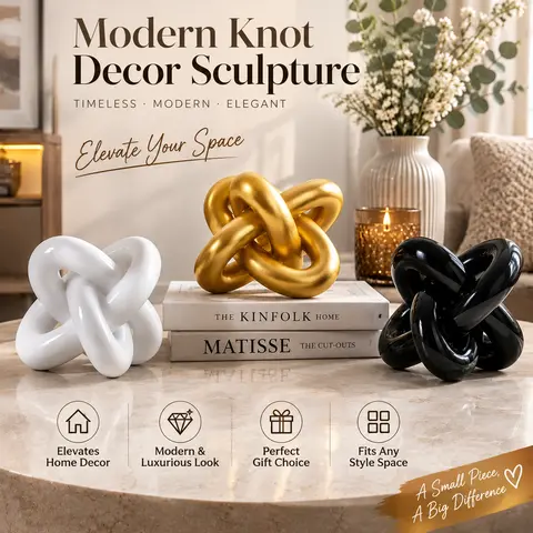 1-Count 3D Resin Knot Chain Link Abstract Sculpture - Luxury Gold-Toned Gold Statue, Small Resin Figure, Boho Farmhouse Rustic Modern Tabletop Decor, Living Room Decorations, Coffee Table Decorations, Bookshelf Ornament