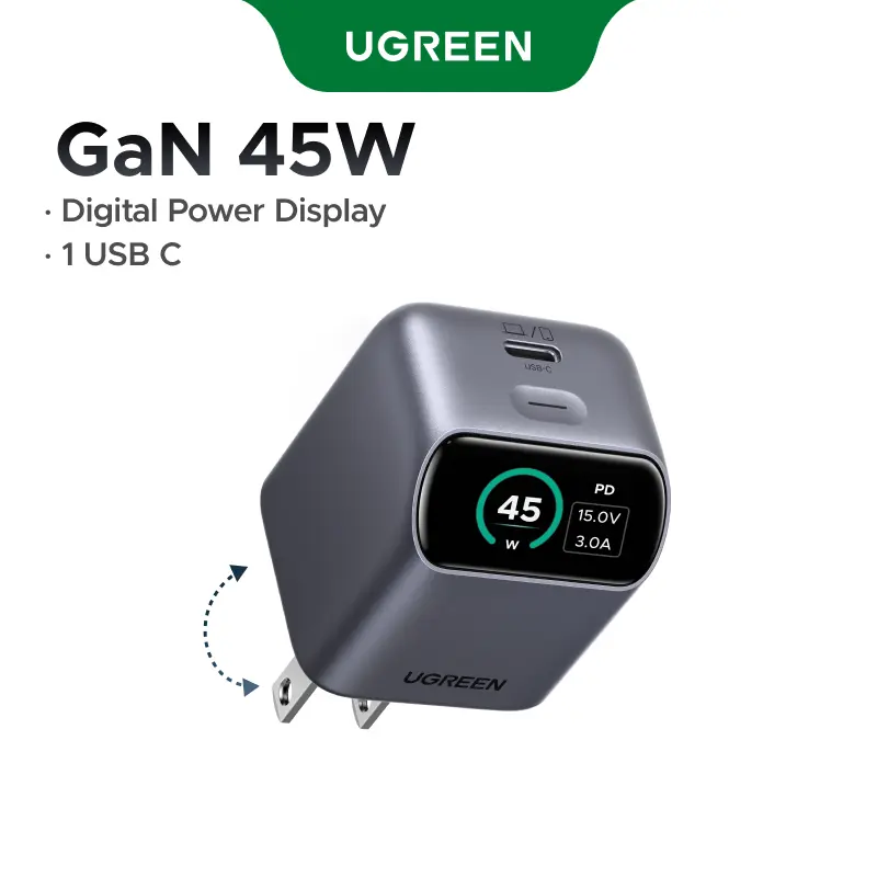 UGREEN Nexode Pro 45W Power USB-C GaN Charger Block with Smart Display, Foldable USB-C Plug, 180° Rotatable Touch-Screen, Fast Charging for iPhone 18/17/16, Galaxy S26, Grey