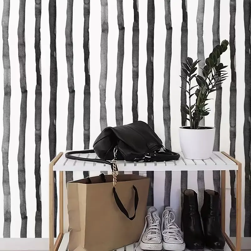 1Roll, 6M, Black Modern Stripe Self Adhesive Wallpaper, Peel and Stick Wallpaper, Stripe Wall Paper, Modern Remable Wallpaper, Vinyl Contact Paper for Walls Bedroom Home Decor