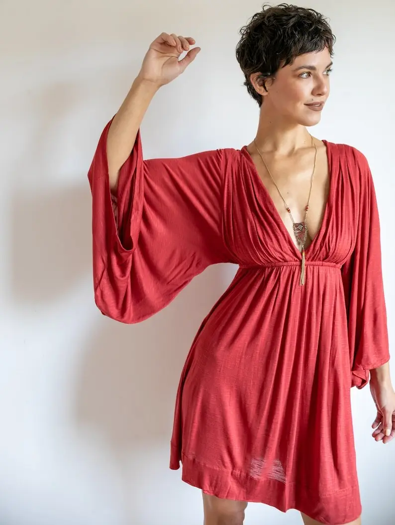 Goddess Dress | Bell Sleeve Dress - Boho Party Dress - Fairy Dress - Festival Mini Dress in Red