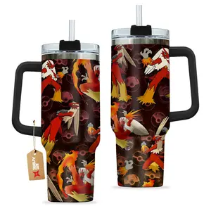 STORMMECH- Blaziken 40oz Handle Tumbler – PKM Stainless Steel Travel Mug, Anime Inspired Vacuum Insulated Cup, Large Iced Coffee Tumbler, Manga Fighter Drinkware, Otaku Gift for Him Her