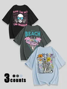 Breathable Casual Loose-Fit Round Neck T-Shirt, Cute Skull Print Halloween Girls' Clothing, Fashion Comfortable Versatile Top Set of Three, Graphic Tee