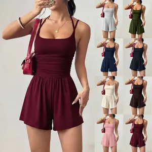 Women's New Summer Solid-Color Casual Spaghetti-Strap Shorts Set - Loose-Fit Loungewear # SummerWomen'sFashion # New Arrivals # PopularWomen'sFashion # EverydayOutfits # Loungewear # Wide-Leg Pants # Shorts # SpaghettiStraps