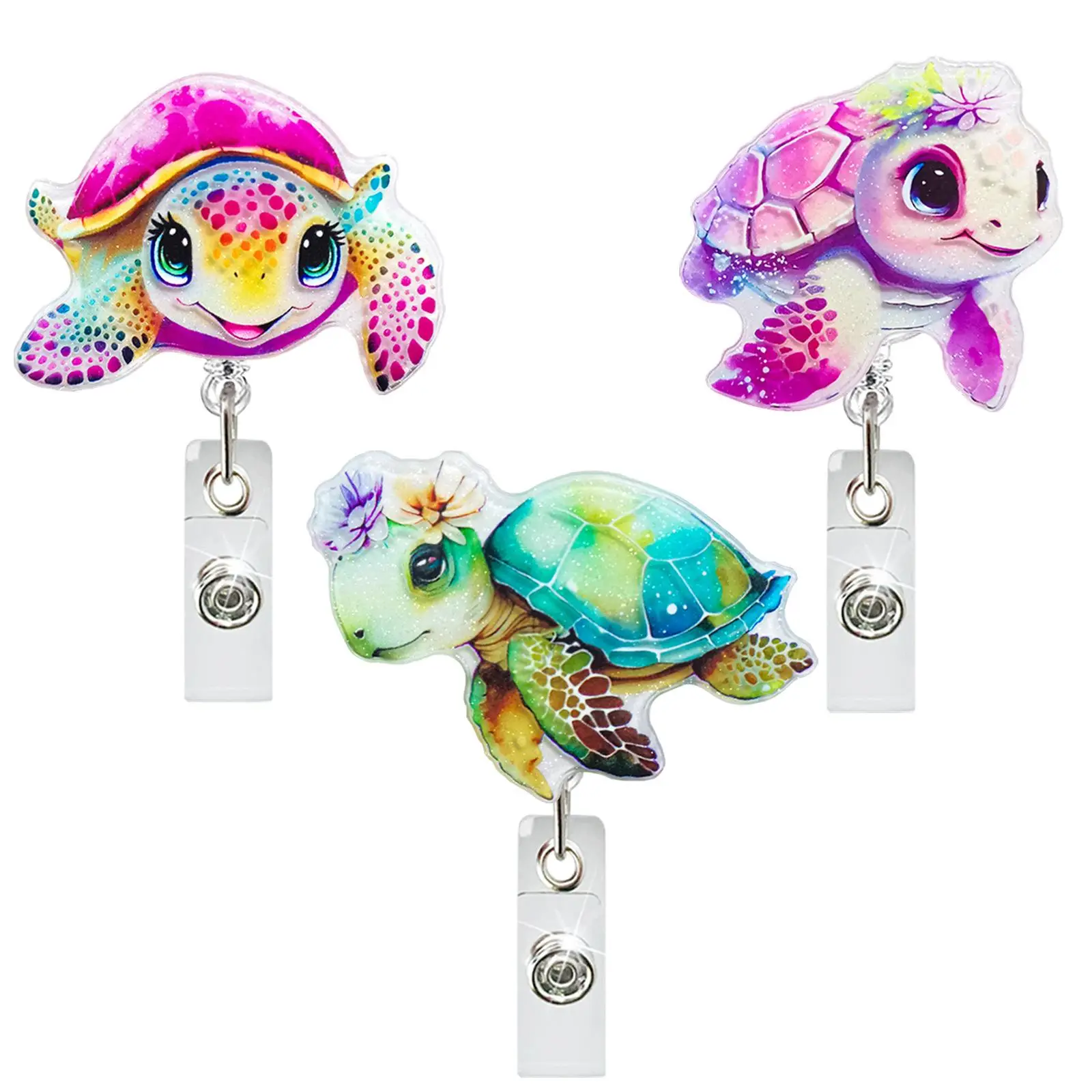 Cute Turtle Pastel Color Design Retractable Badge Holder, 1 Count Acrylic Sea Creatures Badge Reel, Identification Badges & Supplies for Office Staff