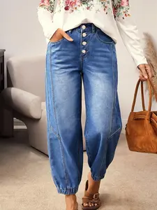 Women's High Waisted Barrel Jeans 4-Button Fly Tapered Denim Pants Slouchy Balloon Cargo Joggers Comfy Stretch Trouser with Pockets