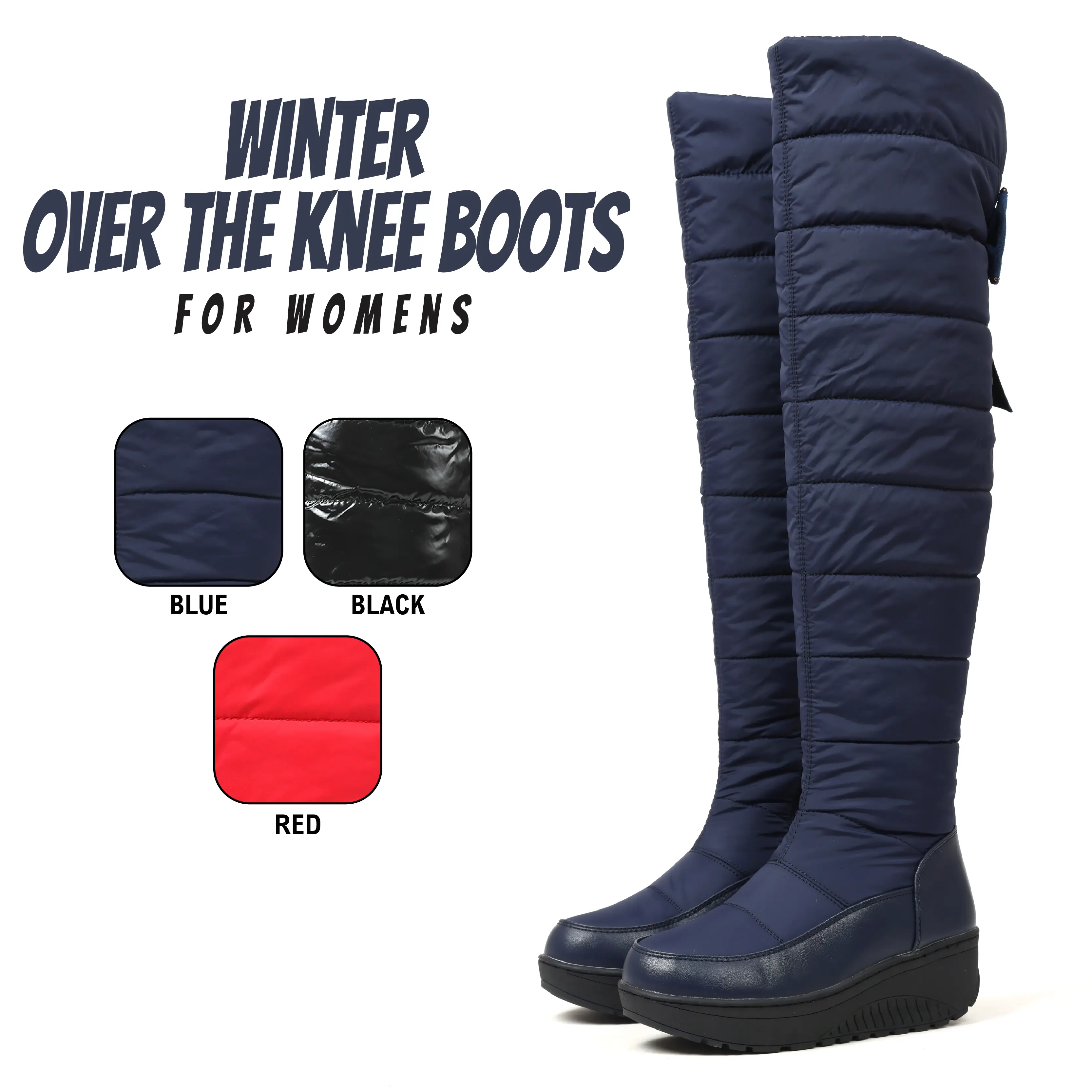 Womens Winter Over the Knee Boots Platform Boot Round Toe Wedge Heel Bow Design Thick Sole Warm Velvet Lined Side Zipper Closure Bow Knot Design Thigh High Snow Boots for Casual Outdoor Puffer Boots