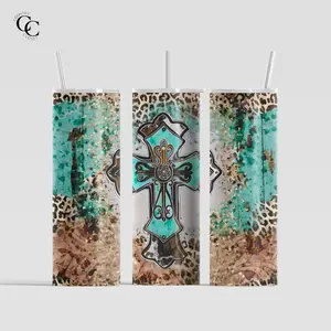 Country Closet Wild Grace Teal Cross 20oz Skinny Tumbler Double Wall Insulated Stainless Steel Leopard Print Glittery Accents Earthy Tones Fits Most Car Cup Holders Clear Lid & Straw