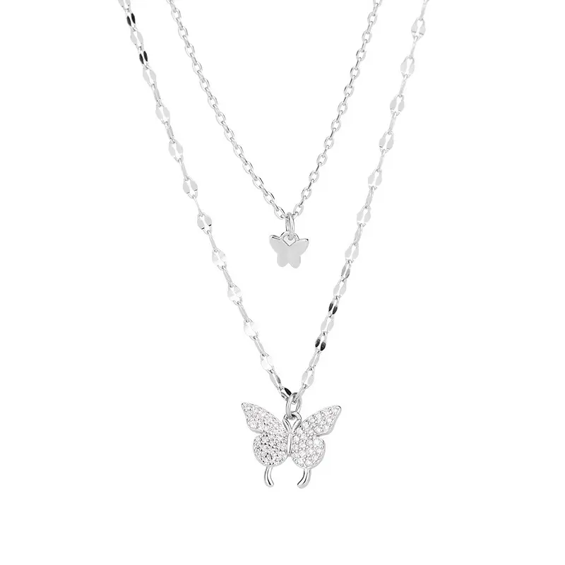 DIROMON Layered Butterfly Necklace for Women | Stylish Minimalist Design Pendant Necklaces | 925 Silver Choker with Double Butterfly Pendant | Silver Lace Chain Necklace Jewelry for Women