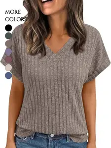 Women's V-Neck Short Sleeve Sweater, Casual Ribbed Knit Top, Loose Fit Tunic Blouse for Summer, Perfect for Going Out, Knitwear