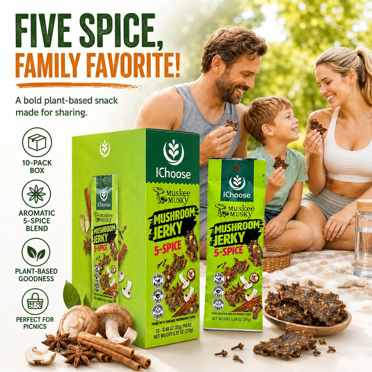 5-Spice Flavor Vegan Mushroom Jerky Snack Box - Plant-Based, Umami Healthy Snack, 10 Packs