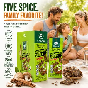 5-Spice Flavor Vegan Mushroom Jerky Snack Box - Plant-Based, Umami Healthy Snack, 10 Packs