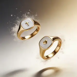 AELNEN Gold-Tone Enamel Signet Ring Set - Heart, Cross & Star Accent Rings - Minimalist Luxury Daily Jewelry - Gift for Her