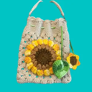Handmade Crocheted Sunflower Tote Bag Lightweight Floral Pattern with Shoulder Straps Perfect for Everyday Use Gifts 5x2x10 Dry Clean