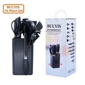 BUUYIS 18-Piece Kitchen Utensil Set — Durable, Heat-Resistant, BPA-Free Matte Silicone Cookware Tools (Non-Stick Cookware Compatible) — Includes Chef's Knife Set (Contains 11 Utensils, 5 Sharp Knives, 1 Pair of Scissors, and 1 Rotating Storage Caddy)