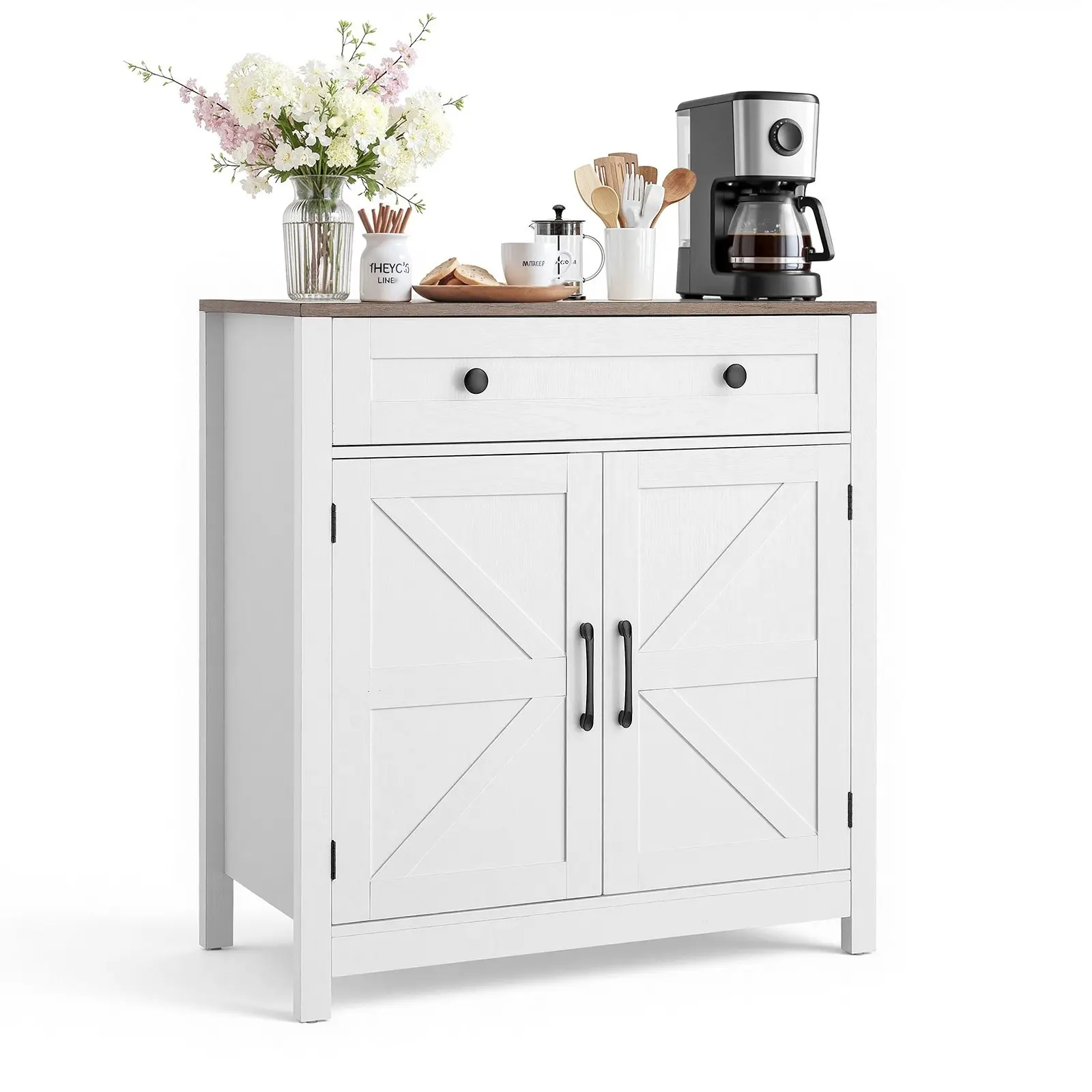 Coffee Bar Cabinet In Farmhouse Style, Bar Table With Drawer, Buffet Stand Cabinet With Barn Doors, Sideboard Buffet Station For Living Room, Entryway And Kitchen, White Finish, 29.5 X 14.7 X 31.5 Inches, Easy Assembly