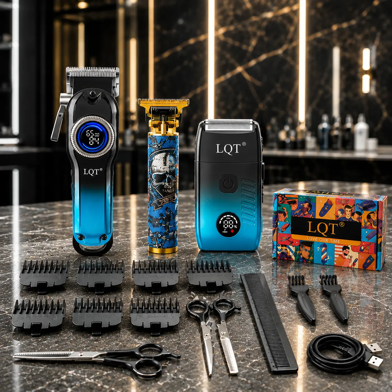 LQT Men's 3-in-1 Barber Grooming Kit - Cordless Multifunctional Hair Clipper & Trimmer Set with LCD Display, Scissors, Guard Comb, 1-Touch Electronic Design, Batteries for Haircut, Self Haircut, Face Hair Styling Barber Equipment, Home Haircut