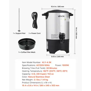VEVOR Commercial Coffee Urn, 30 Cup 4.5 L Hot Beverage Dispenser with Dripless Faucet, Quick-Brewing Commercial Coffee Maker with Stainless Steel Liner, for Catering, Business, Church Restaurant