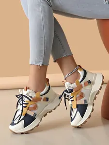 Women's Fashion Colorblock Lace Up Platform Sneakers, Casual Comfortable Breathable Sports Running Shoes, All-match Round Toe Chunky Sneakers for Daily Wear, Fashionable Running Shoes