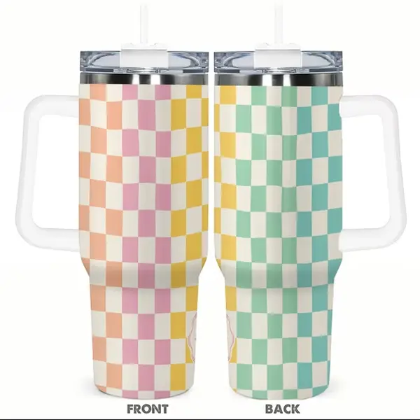 [Pastel Checkered, Daisy Floral Aesthetic & Preppy Vibe] 40oz Pastel Daisy Checkered Stainless Steel Tumbler with Handle, Insulated Travel Mug with Lid & Straw - Daisy Flower Gift