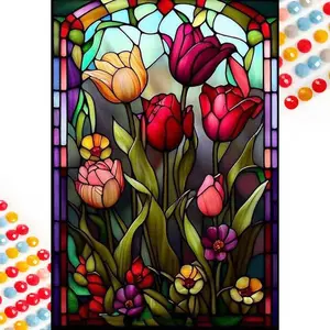 5D DIY Full Drill Round Diamond Painting - Diamond Art Kit Colorful Tulip Mosaic, Canvas - DIY Kits Decorative Painting, Home Wall Decor, Suitable for Halloween and Christmas, Birthday and Anniversary Gifts