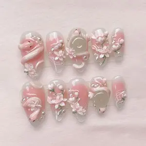 Pink Floral Snake Press On Nails 3D Soft Fairy Handmade Luxury Nail Set