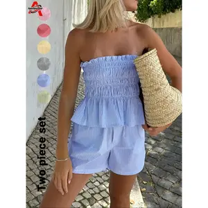 ApexSportGear Two-piece Women's Striped Print Tube Top & Shorts Set, Casual Strapless Summer Outfit for Daily Wear