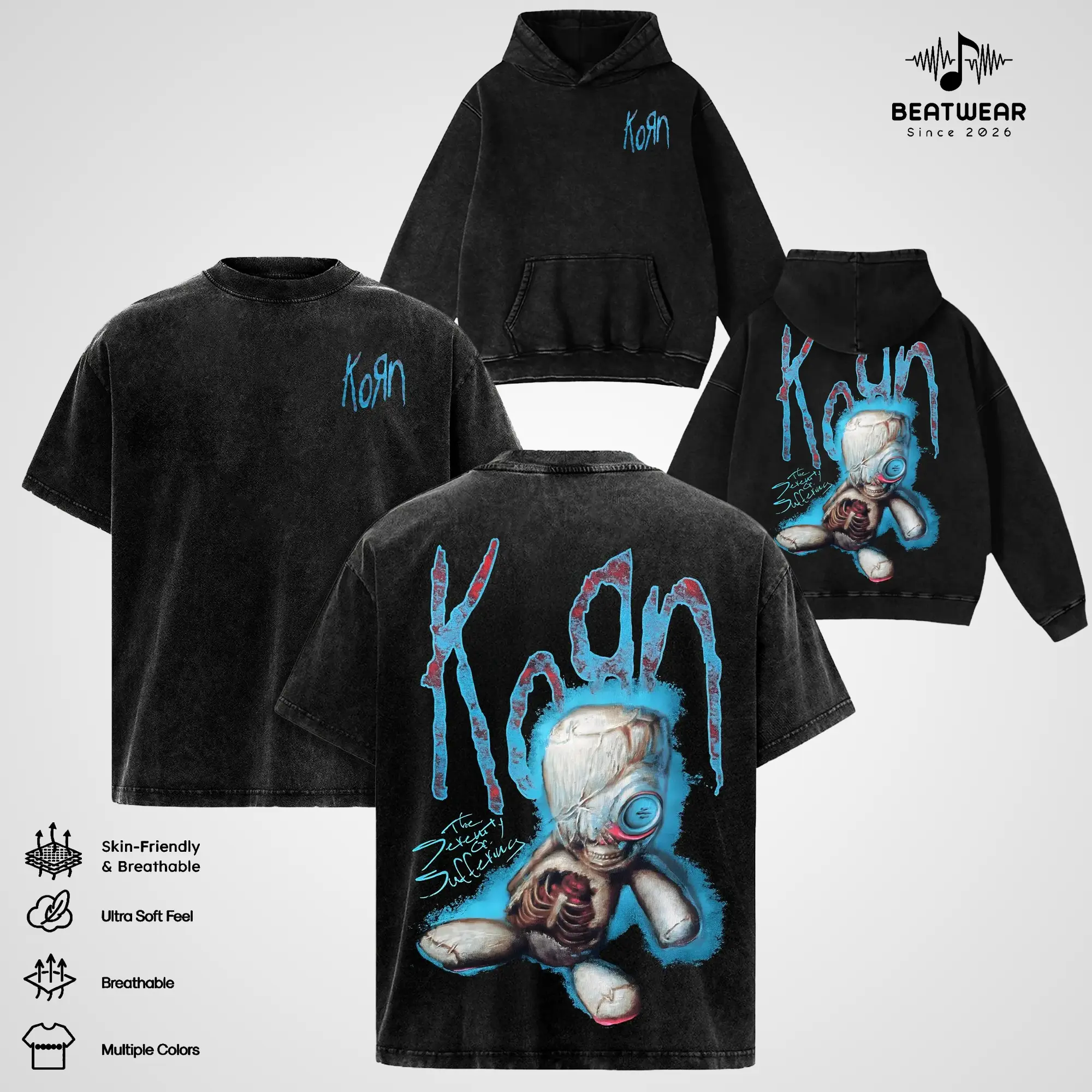 Korn The Serenity Of Suffering Doll Hoodie Vintage Washed Heavy Cotton Oversize Unisex Nu Metal Dark Gothic Rock Streetwear, Washed T-Shirt Sweatshirt Option