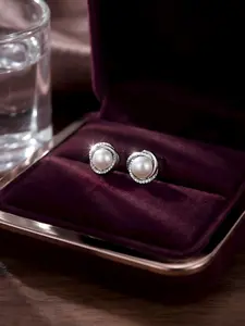 Natural Freshwater Pearl Earrings for Women, S925 Sterling Silver Interlocking Infinity Knot twisted Micropavé Halo Studs, Elegant Mother's Day Gift for Mom in Paper Box, Fine Jewelry