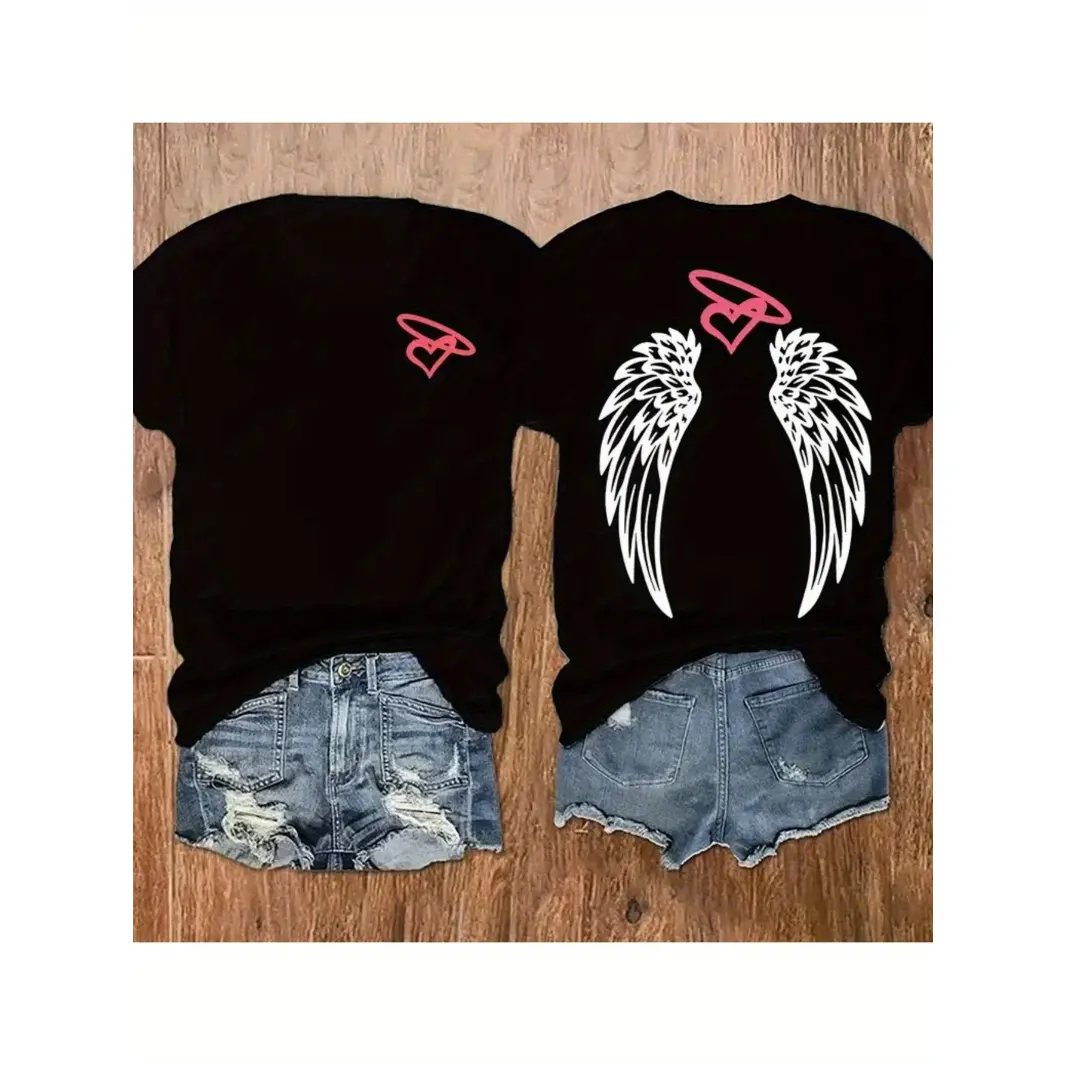 Women's Casual Cotton Short-Sleeve T-Shirt, Round Neck Angel Wings Heart Print Soft Breathable Top for Daily Wear, Travel, Shortsleeve, Casual Cotton Tee