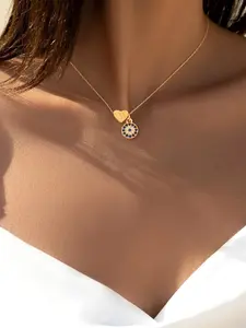 Women's Elegant Zirconia Eye Heart Initial Pendant Necklace, Stainless Steel Chain, Fashion Jewelry for All Seasons