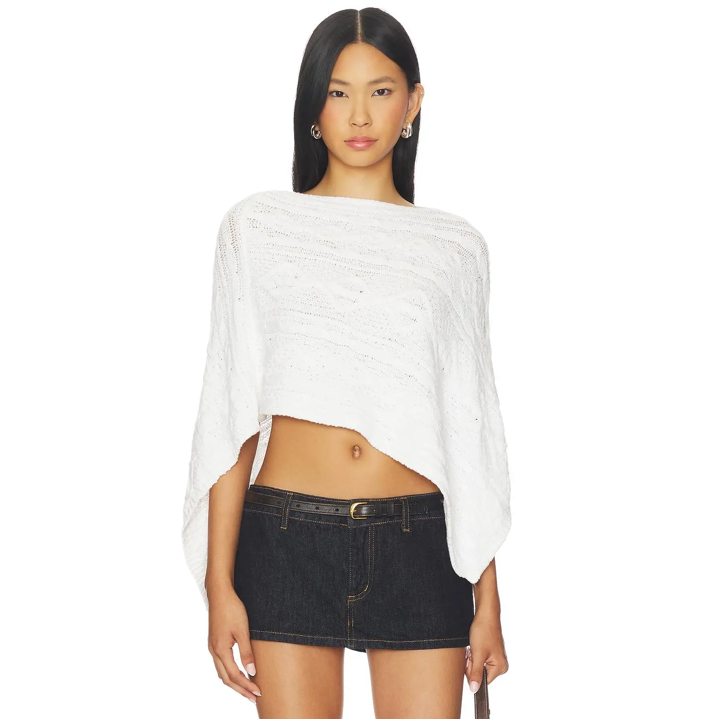 Frankies Bikinis Mountain Cable Knit Poncho in Cloud White