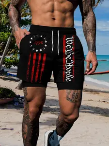 Men's Patriotic Striped Stretch Knit Shorts, Slim-Fitting Layered Sportswear, Casual Style, Perfect for Everyday Wear, 1 Piece